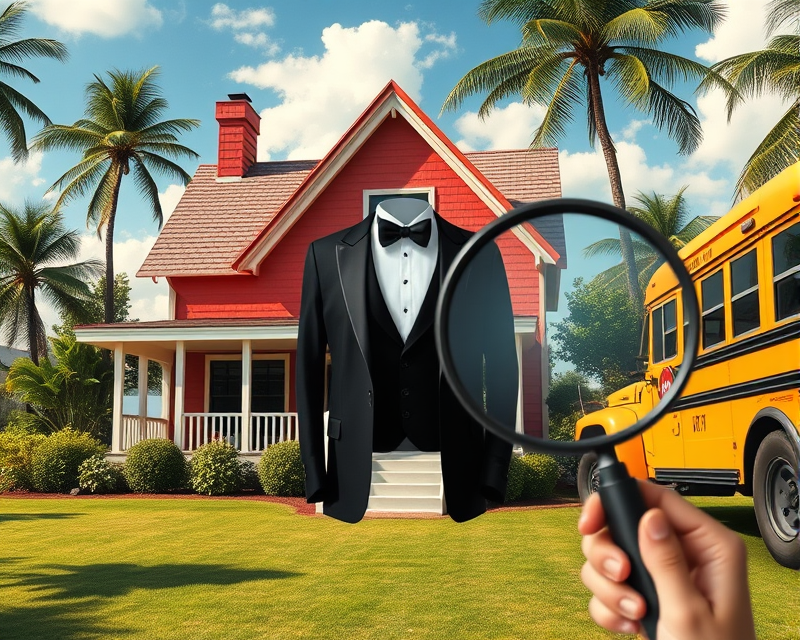 house, surfboard, tuxedo, magnifying glass, school bus